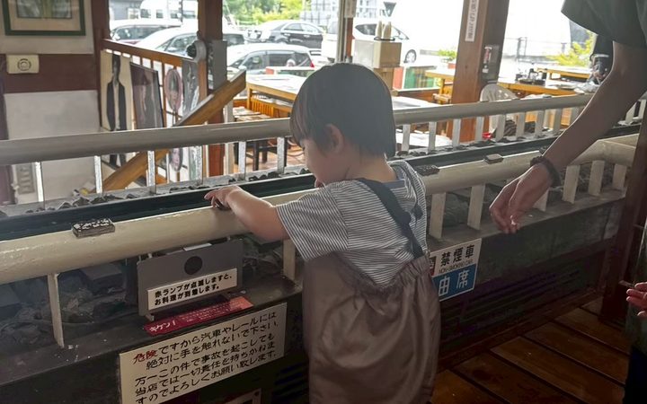 ミニ電車を指さす子供と母