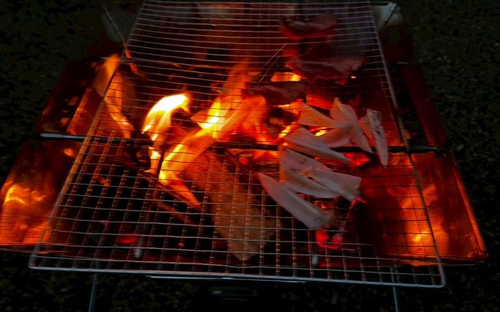 焚き火台の上のグリル、火と肉